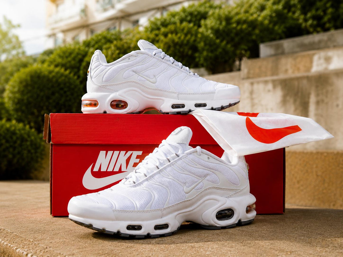 Weiße Nike Air Max Plus auf dem Karton